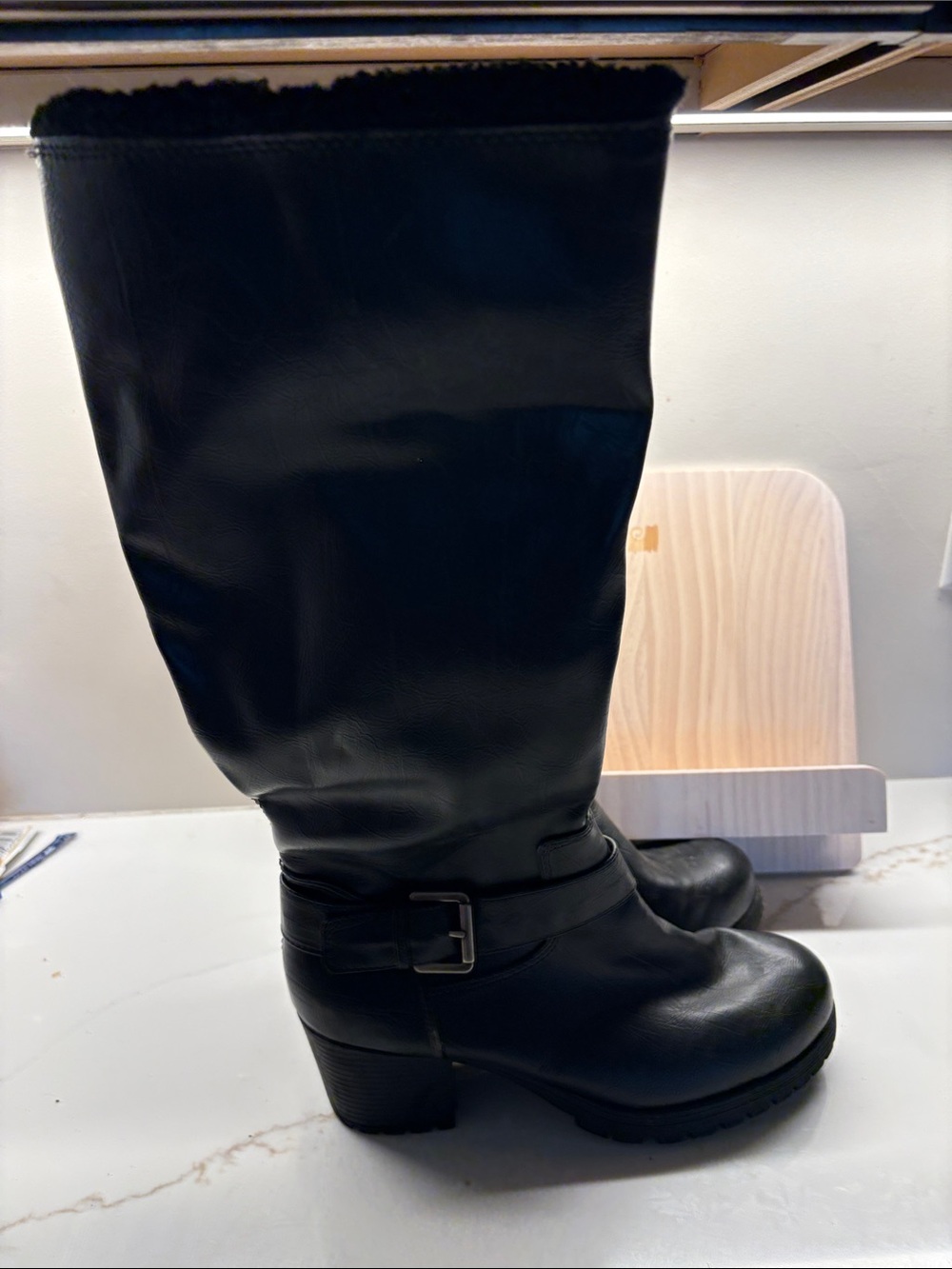 Women's Black Heeled Boots with Buckle Detail